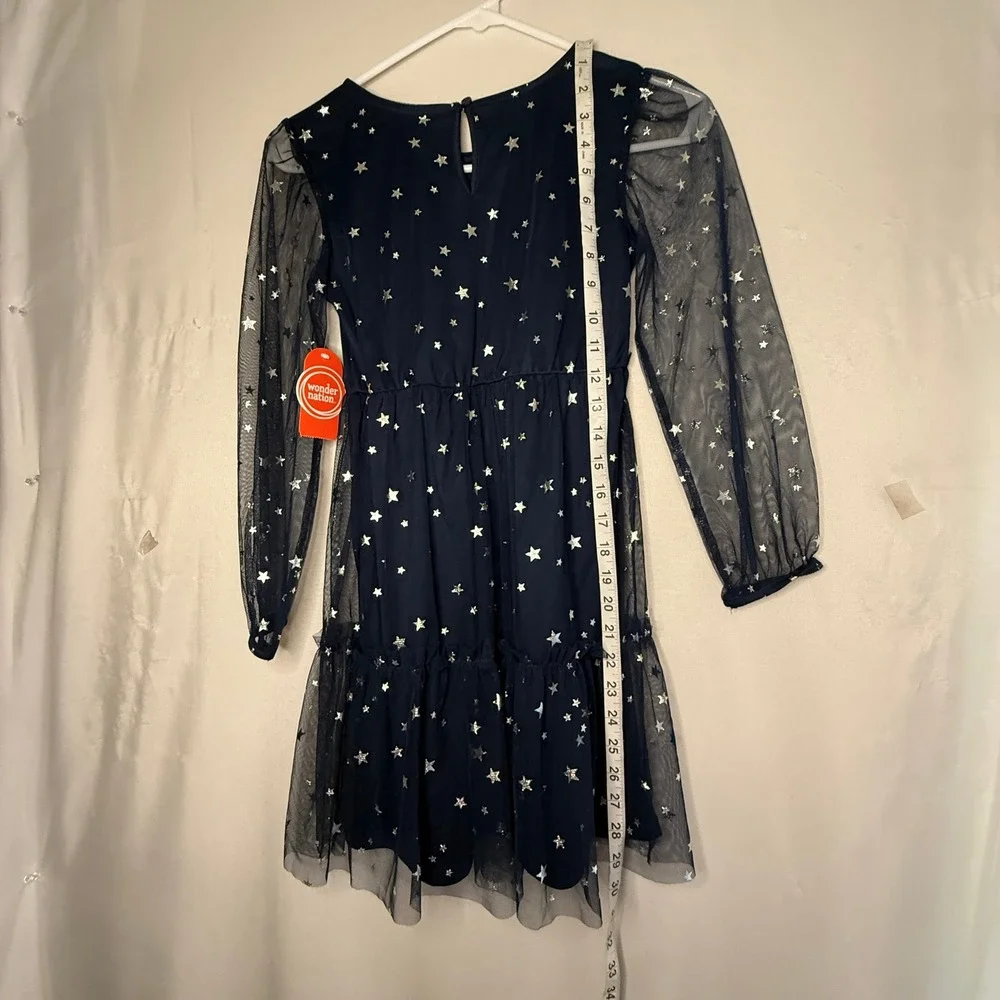 Wonder Nation Girls 7-8 Navy Silver Star Tulle Party Dress Long Sleeve NWT